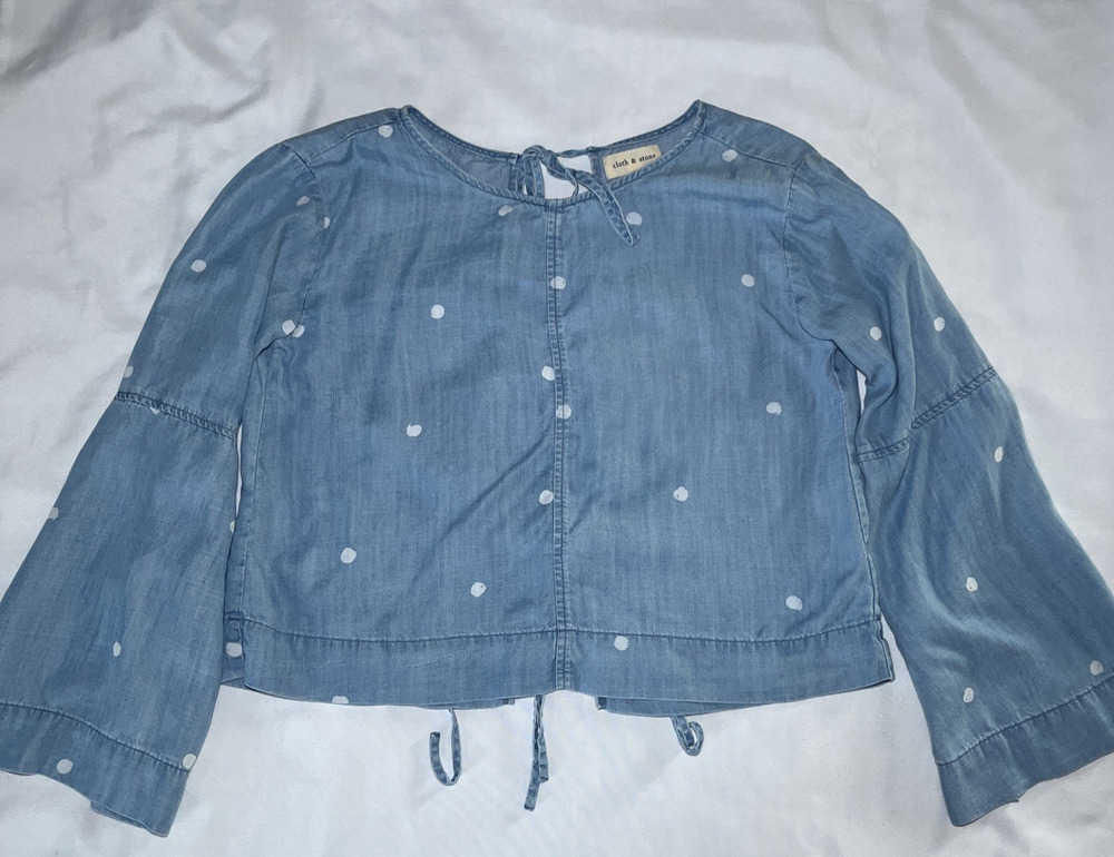 Cloth & Stone Chambray Polka Dot Top Tie Back Size S Bell Sleeve Boxy Lyocell